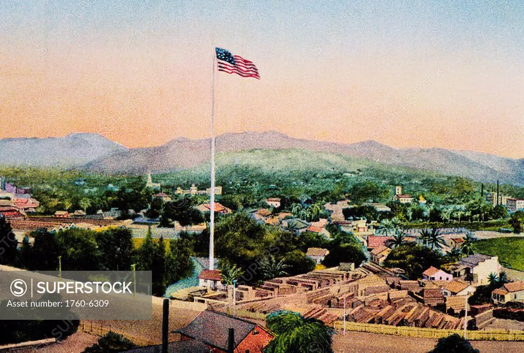 c 1905, Postcard, Hawaii, Honolulu, residential area with American flag 