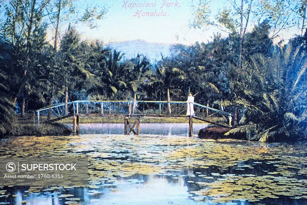 c 1910, postcard art, Hawaii, Oahu, Waikiki, Kapiolani Park, girl on bridge, lush surroundings 