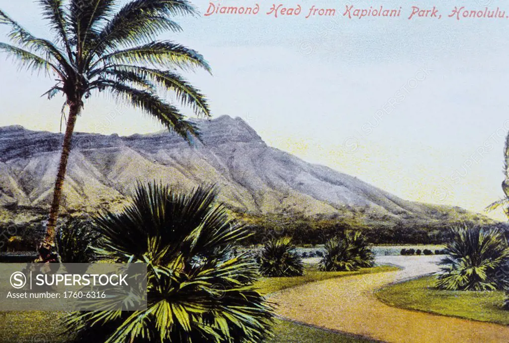 c 1910, postcard art, Hawaii, Oahu, Waikiki, Diamond Head from Kapiolani Park garden lagoon 