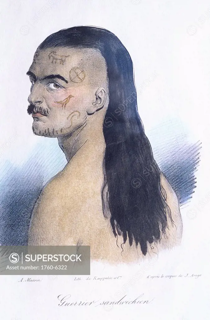 c 1840, Warrior of the Sandwich Islands, Geurier Sandwich, After Arago, Durmont D´urville 