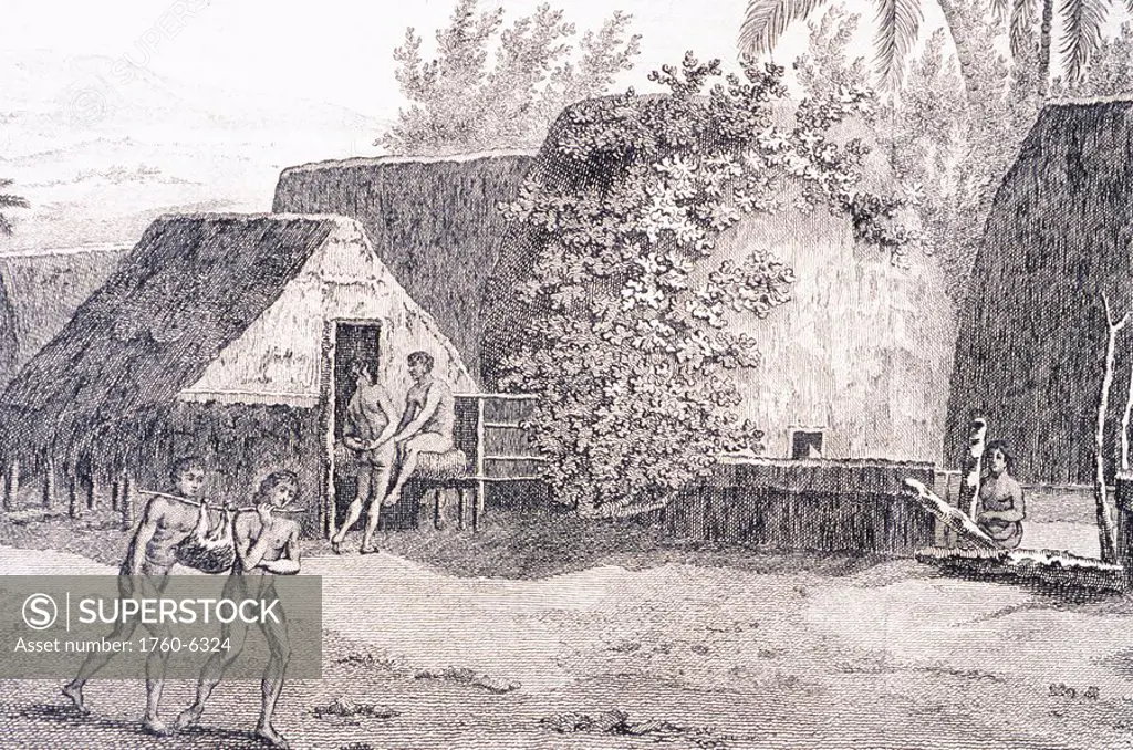 c 1778, Hawaii, inland view of Atooi Kauai, Village of Waimea, John Webber 