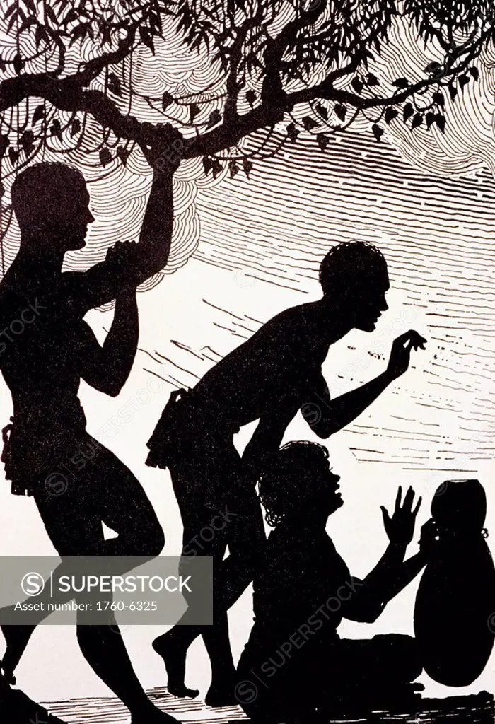 c 1930, Don Blanding art, Hula Musicians, silhouette of men playing instruments 