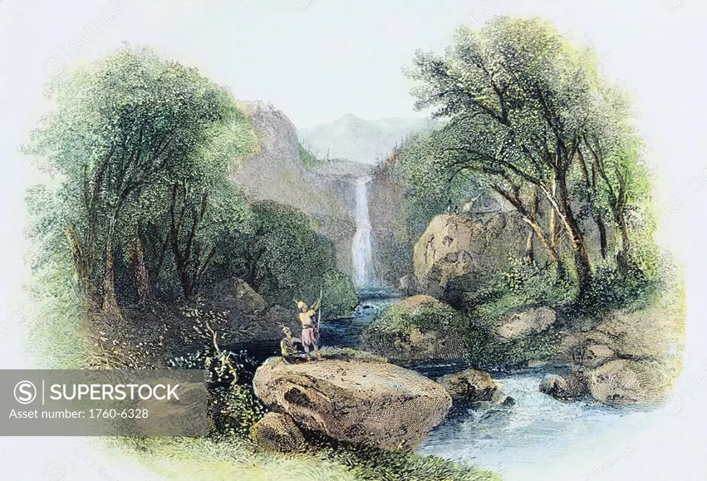 c 1860, Hawaii, Big Island, lush waterfall with onlookers standing on rocks 