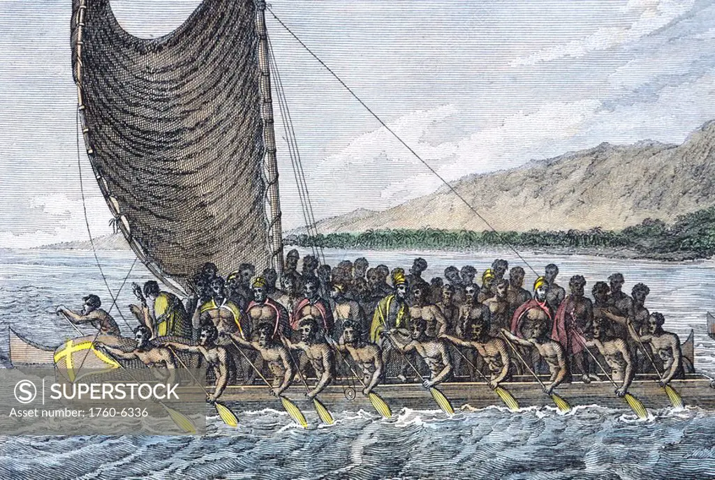 C 1780, Webber, Kalaniopu´u, King of Owyhee, paddling to bring presents to Captain Cook 