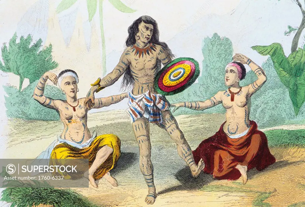 C 1850, Hawaiian Hula Dancers performing in costume and instruments 