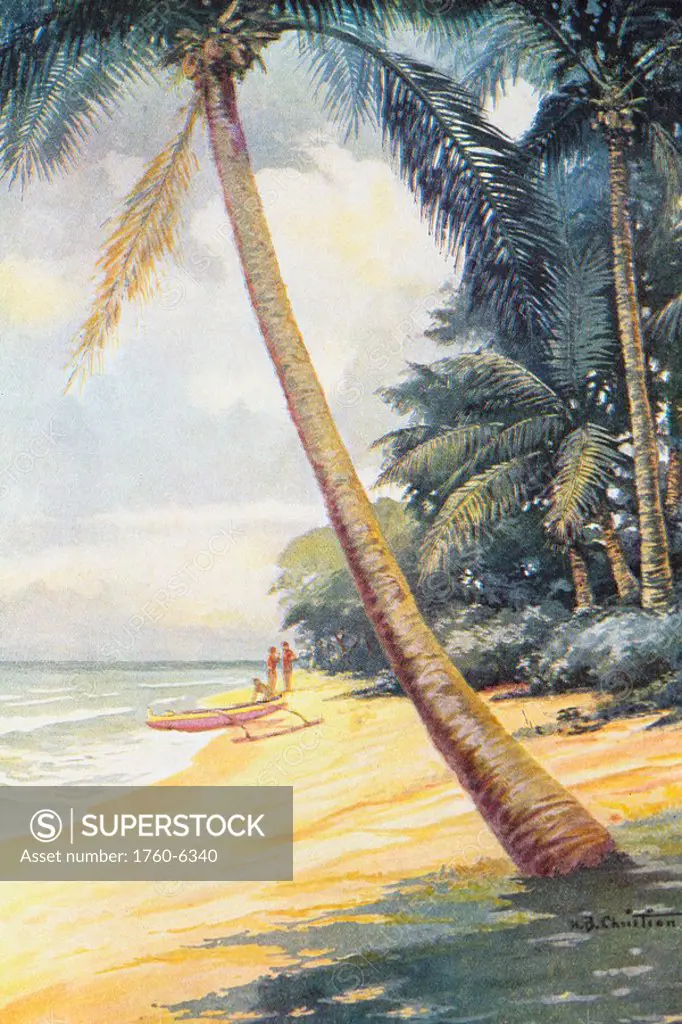 c  1927, Christian HB, Beach with people at outrigger canoe in distance 