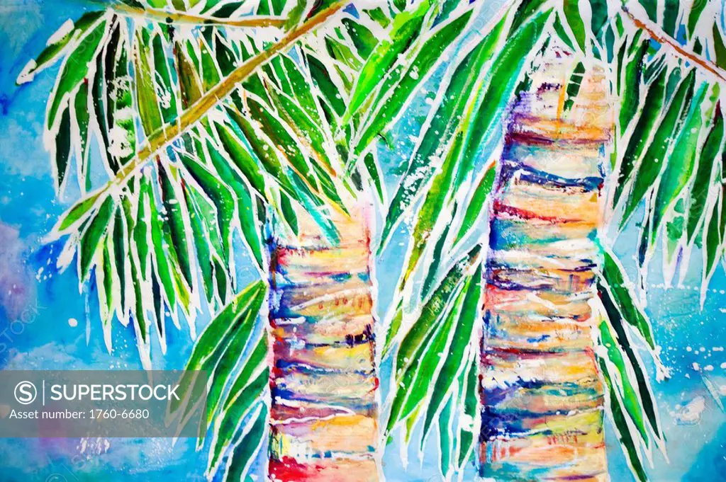 Kaimana Beach, Two palm trees against blue sky, Batik on rice paper Acrylic and watercolor painting 