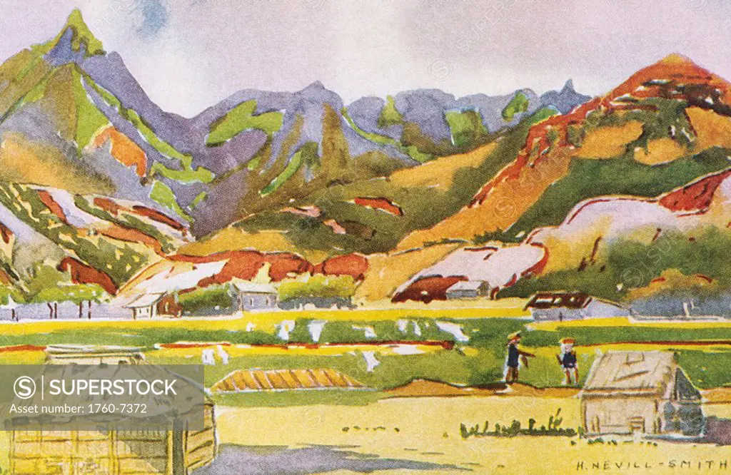 c 1931 H Neville-Smith art, Hawaii, Kauai, Moloaa, Colorful painting of grass huts