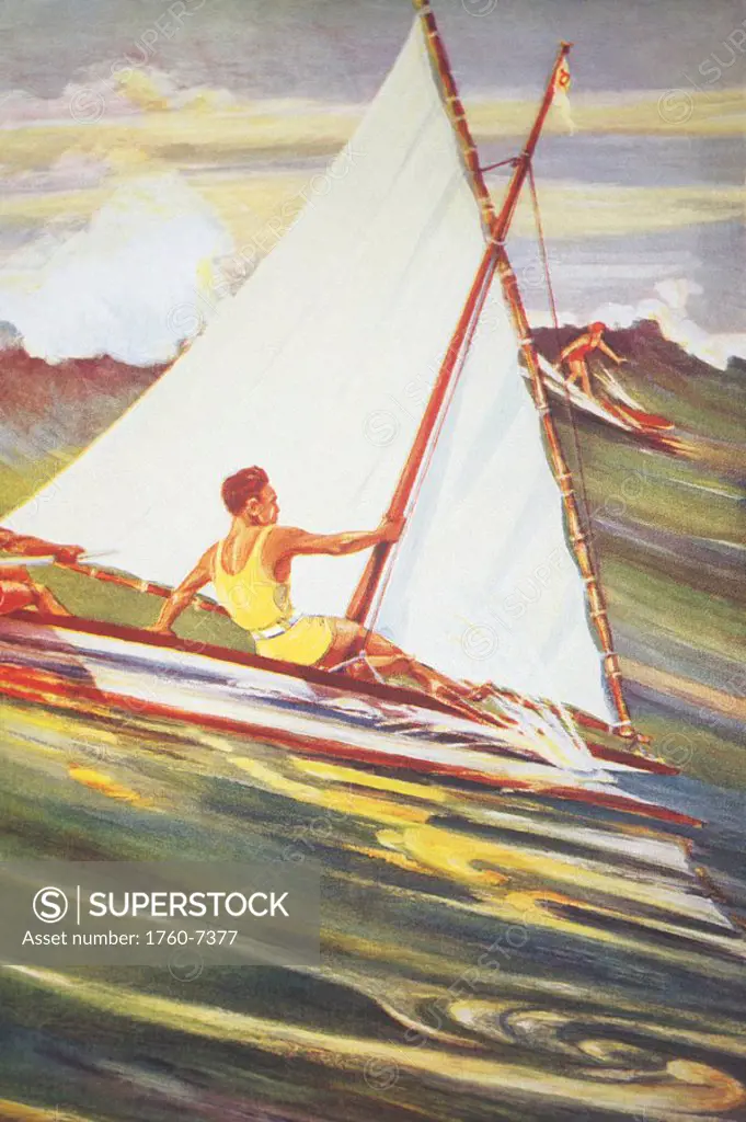 c  1921, Art by Gilles, Man windsurfing on wave