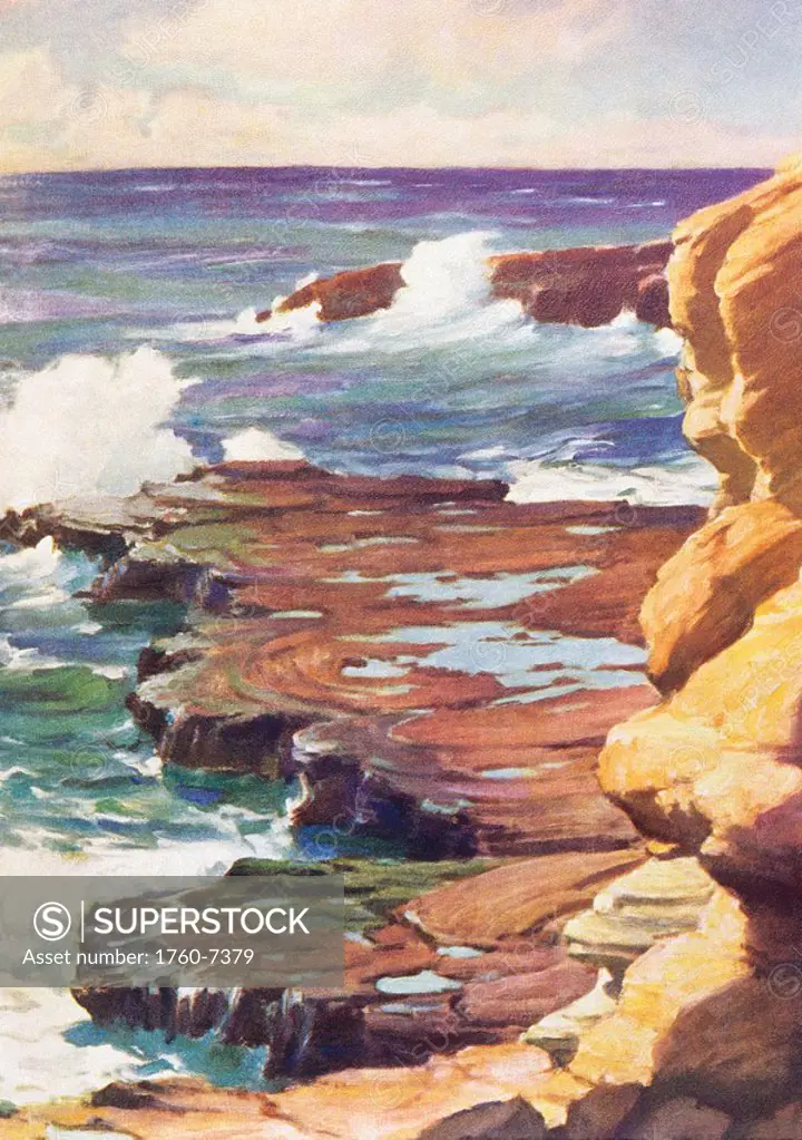 c  1936, Art by J H  Sharp, Hawaii, Oahu, Waves crashing on rocky coastline
