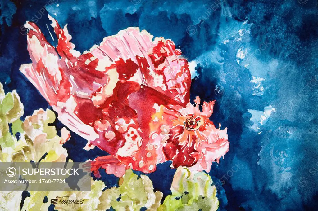 PNG Leaf Fish, Red Leaf fish over coral reef Watercolor painting