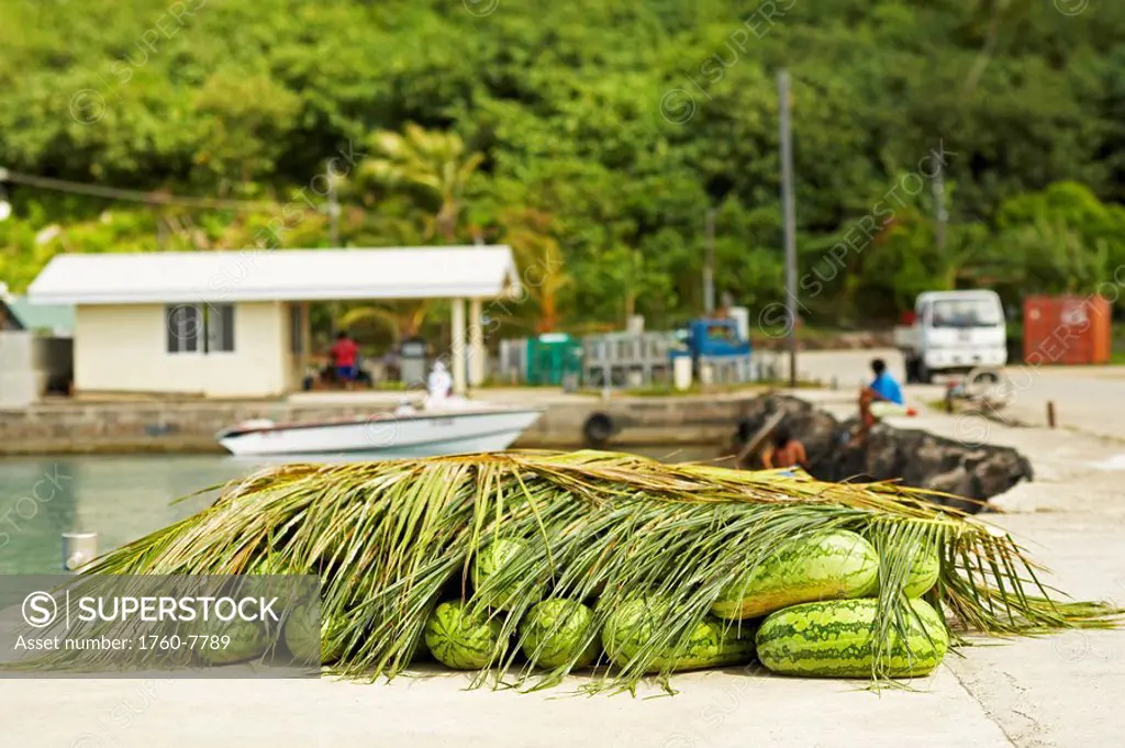 French Polynesia, Tahiti, Maupiti, watermelons piled on the Dock