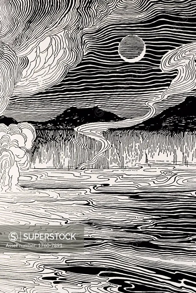 C. 1930, Moon over volcano, Don Blanding illustration.