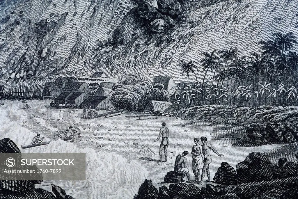 C.1779, John Webber art, Kealakekua Bay and Hawaiian people.