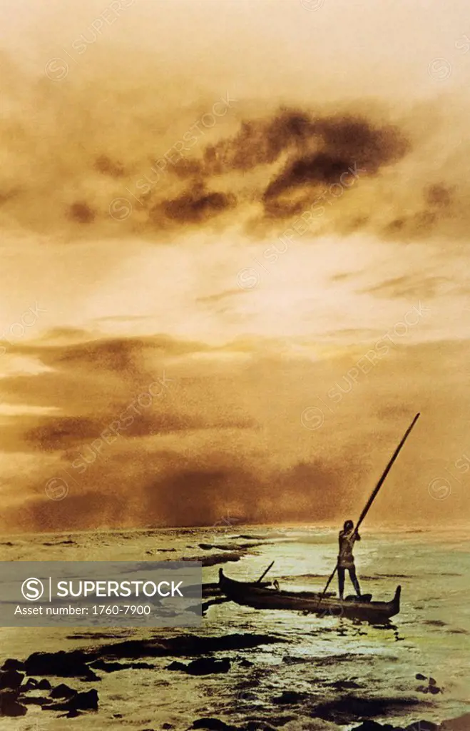 C.1910 postcard, Fisherman in outrigger canoe, Tinted sunset and ocean.