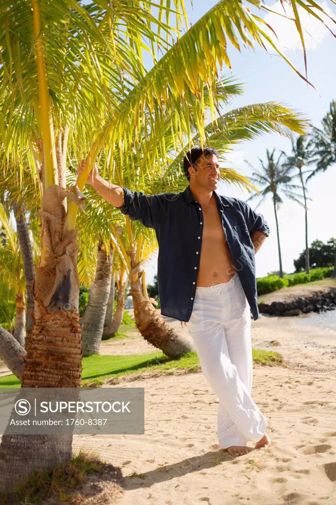 Hawaii, Handsome man standing on beach next to palm tree.