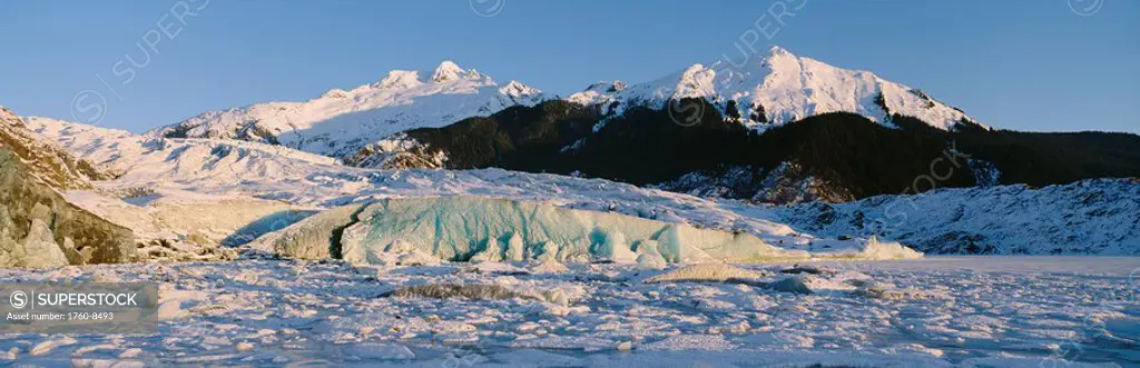 Alaska, Juneau, Mendenhall Glacier, Mount McGinnis and Mount Stroller White in background.