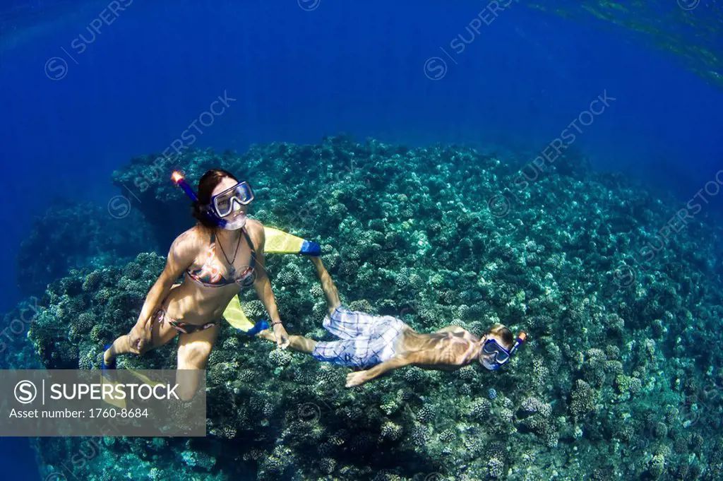Hawaii, Couple free diving over coral reef.