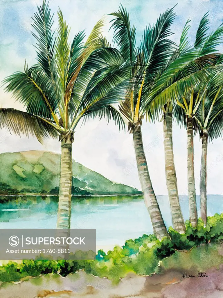 Flapping Palm Trees, Group of palm trees near ocean´s edge Watercolor painting.