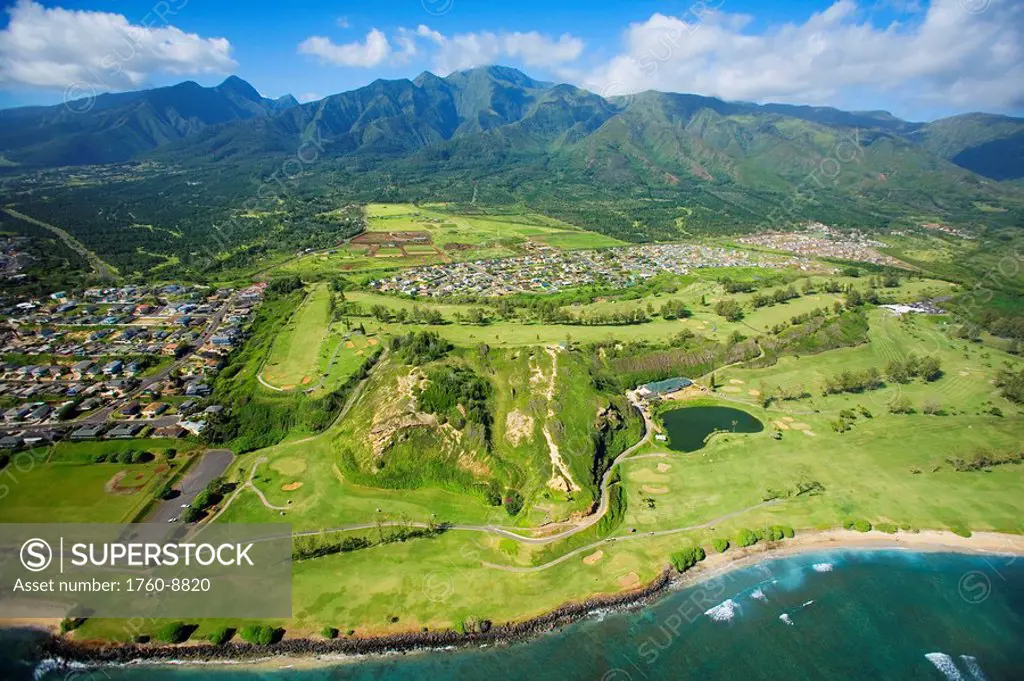 Hawaii, Maui, Waiehu Municipal Golf Course, aerial view.