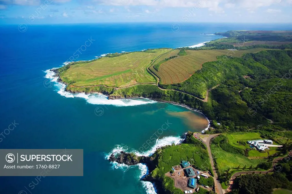 Hawaii, Maui, aerial of Kapalua Resort along the ocean