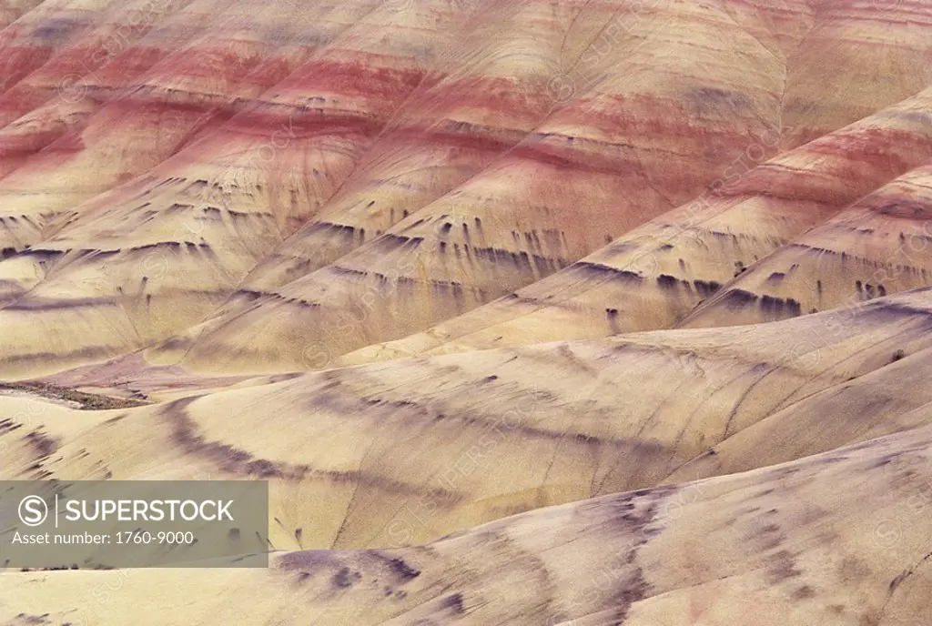 Oregon, John Day Fossil Beds National Monument, Painted Hills area, Detail of colorful patterns in hill ridges.
