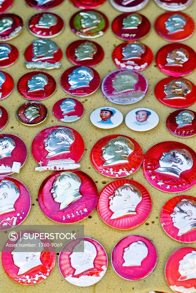 China, Beijing, Mao buttons worn in 1968_69 to show loyalty to Mao during the Cultural Revolution.