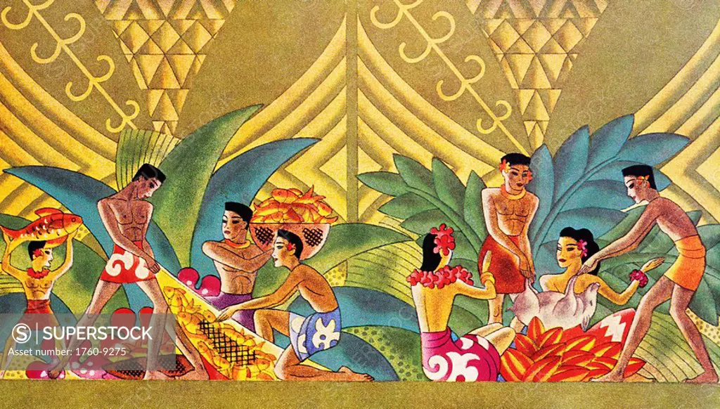 c.1940, Hawaiian art, Illustration of men and women with fish and pigs