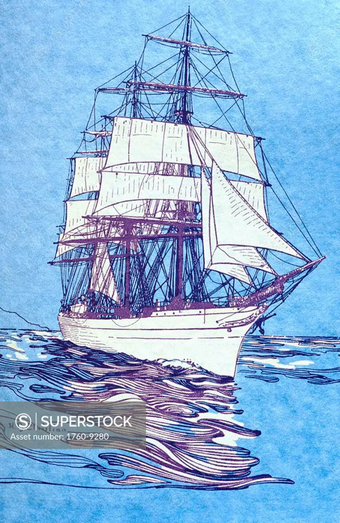 c.1935, H.B. Christian art, Illustration of 19th century sailing ship on the ocean.