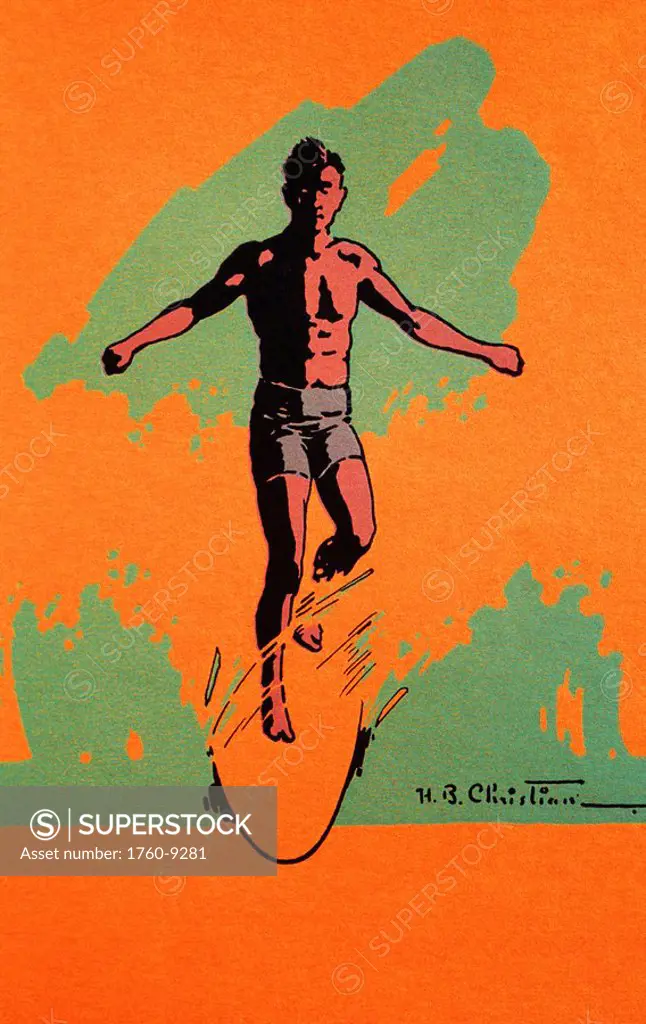 c.1926, H.B. Christian art, Duotone illustration of surfer catching wave.