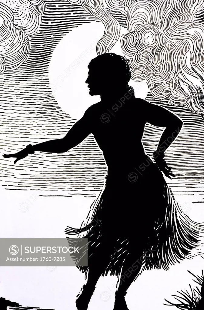 C. 1930, Don Blanding art, Hula Girl, Moonlight in background Pen and Ink Drawing.
