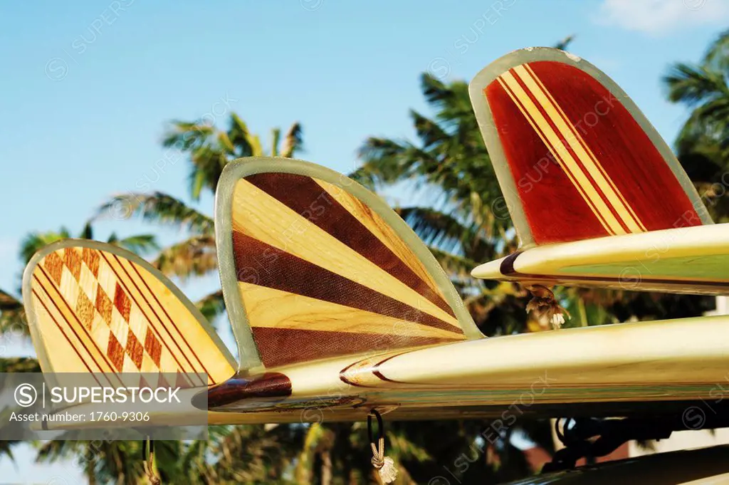 Hawaii, Oahu, Colorful Hawaiian design surfboards fins.