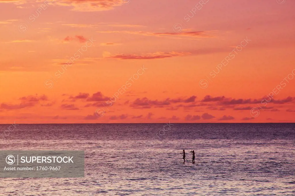 Hawaii, Oahu, North Shore, Stand up paddling at sunset.