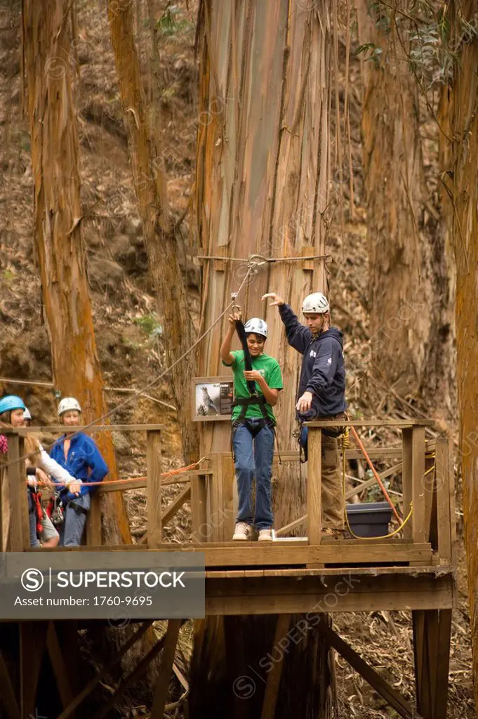 Hawaii, Maui, Zipline Adventure, Young boy getting ready to ride the zipline.