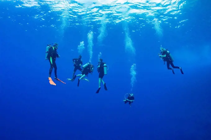 Divers pictured hanging at 15 feet for a decompression stop before surfacing off the Backwall at Molokini Marine Preserve, off Maui; Hawaii, United St...