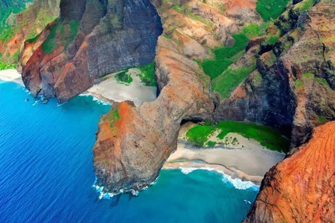 Hawaii, Kauai, Na Pali Coast, Aerial of coastal cliffs and Honopu Beach or Cathedral Beach.