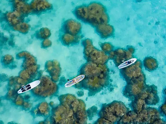 Aerial view of people on stand up paddle boards over the reef on Piti Bay, Mariana Islands; Asan, Guam, Micronesia