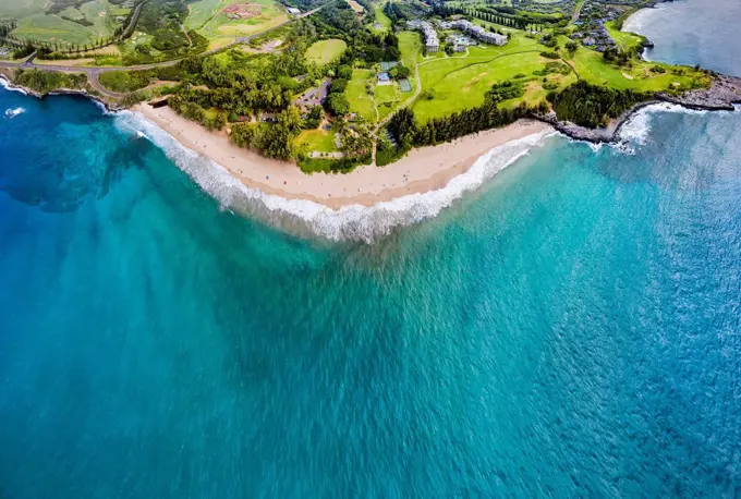 Aerial view of the Ritz-Carlton Hotel Kapalua, DT Fleming Beach Park, Honokahua Bay and Makaluapuna Point; Lahaina, Maui, Hawaii, United States of Ame...