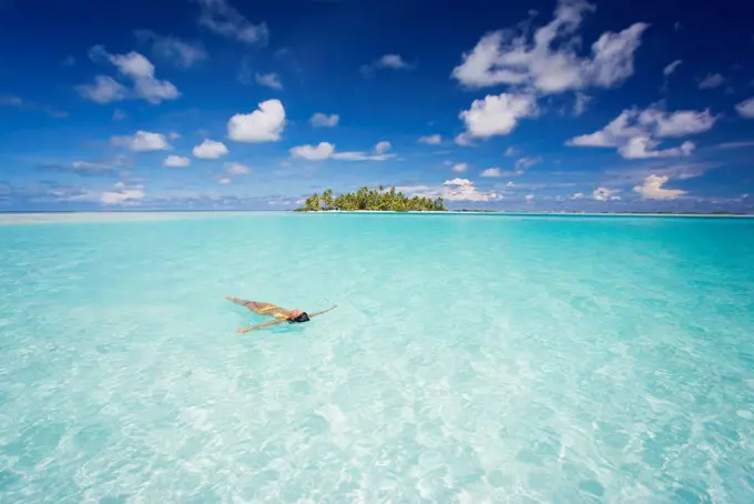French Polynesia, Tuamotu Islands, Rangiroa, Woman Enjoy A Day In The Ocean.