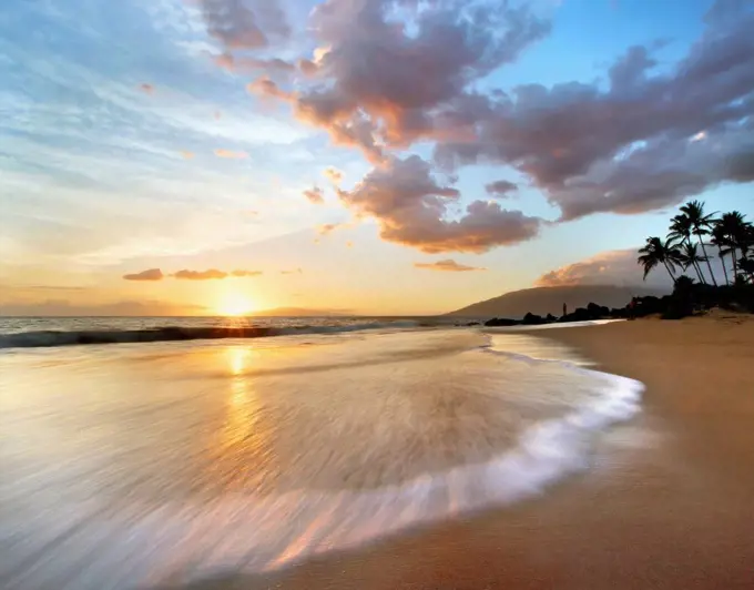 Hawaii, Maui, Makena, Secret Beach At Sunset.