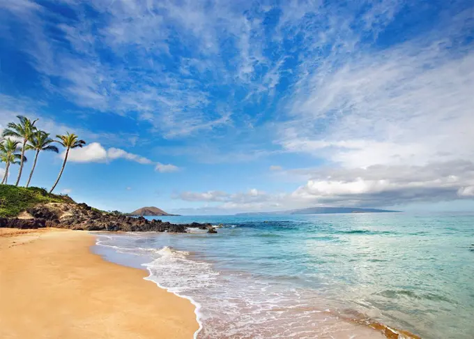 Hawaii, Maui, Makena, Secret Beach, Turquoise Ocean With Palm Trees And Sandy Beach.