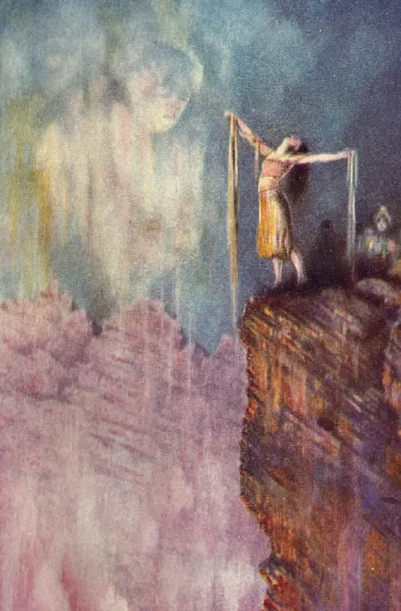 c.1925 Hawaii, Art, hula dancer on cliff, vision of Goddess of Fire Pele