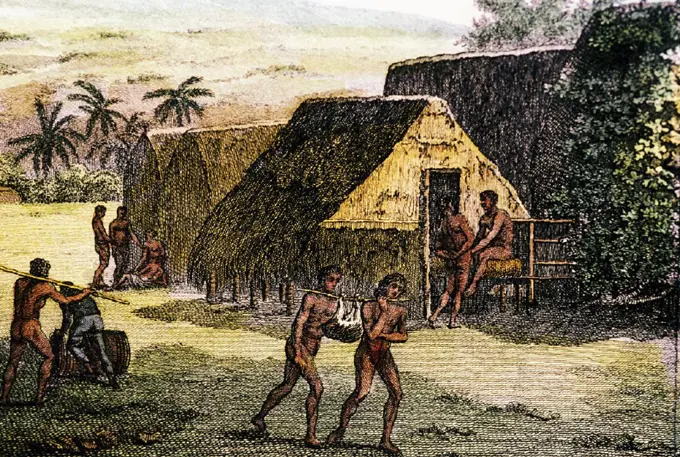 c.1784 Art/Colored Engraving, Hawaii, Kauai, Inland view of Atooi (Heiau) village of Waimea with native people, John Webber