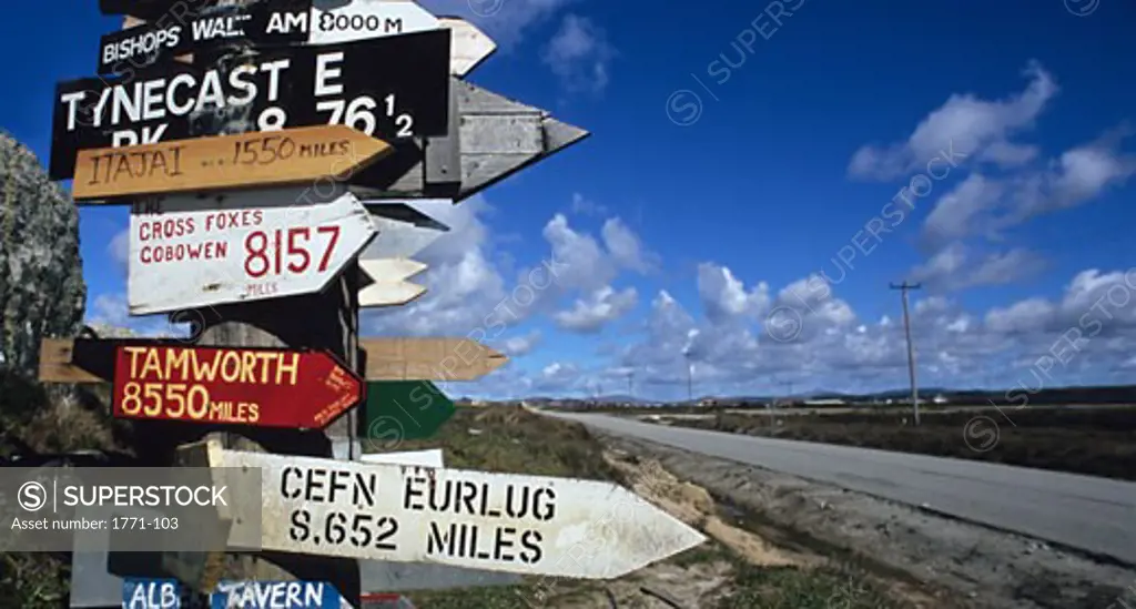 Close-up of directional signs, Port Stanley, Falkland Islands