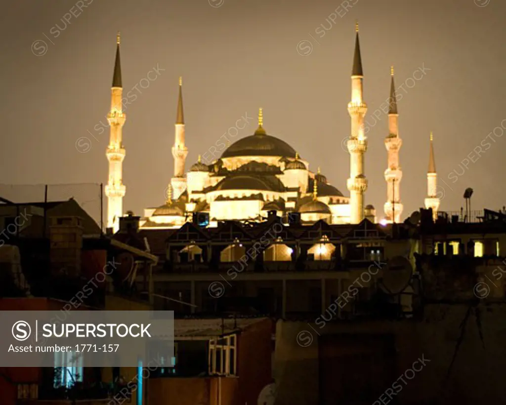 Mosque lit up at night, Blue Mosque, Istanbul, Turkey