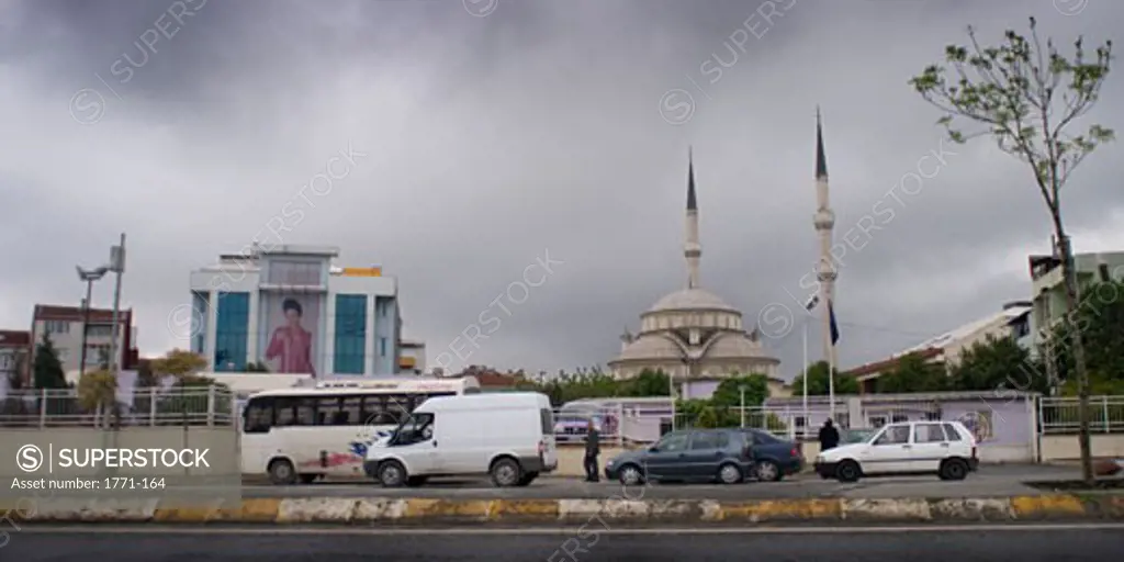 Mosque and a billboard in a city, Istanbul, Turkey