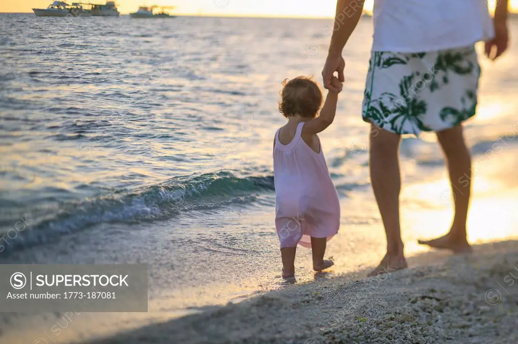 Father and toddler daughter on beach