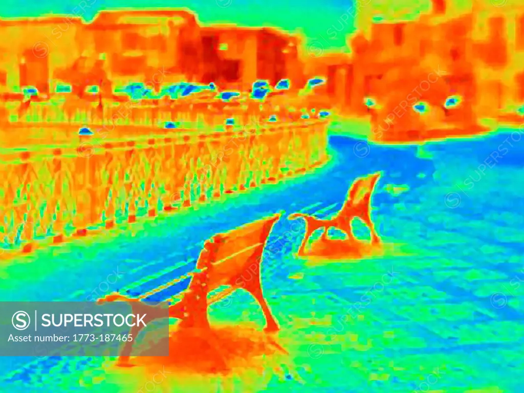 Thermal image of benches on city street