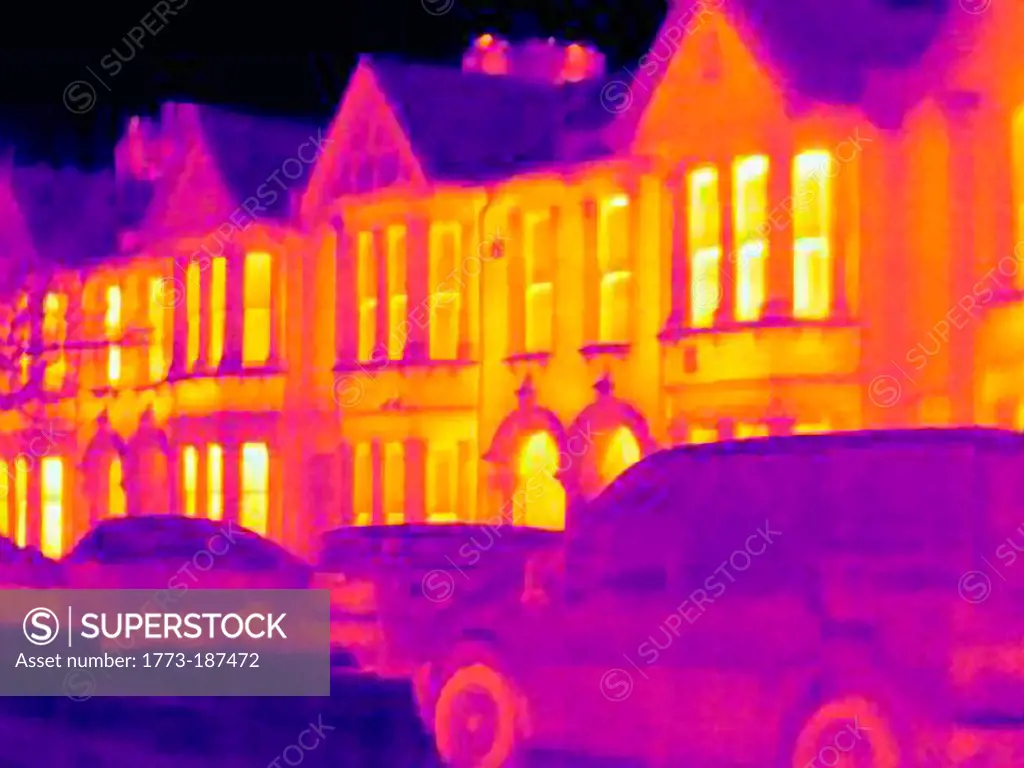 Thermal image of houses on city street