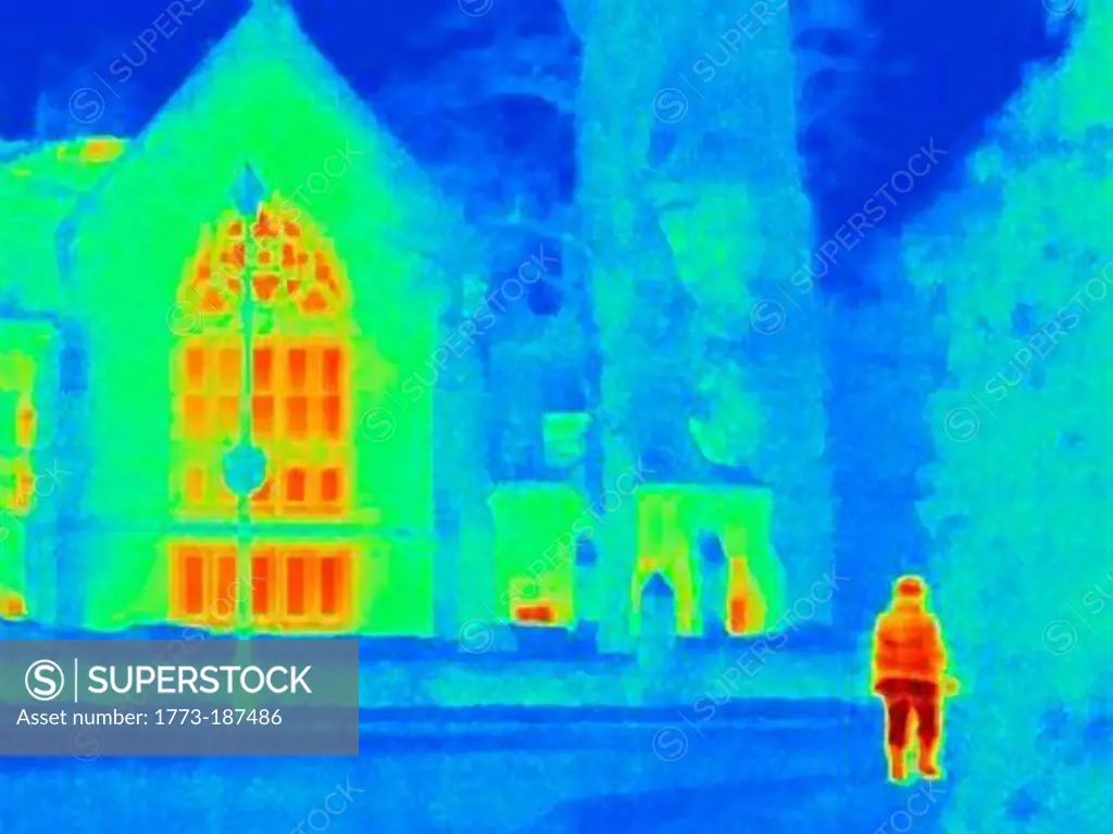 Thermal image of man and cathedral